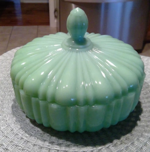 Fire King Green Jadeite Candy  Dish w Lid Mint Condition 7"