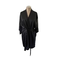 Vintage Victorias Secret Gold Label Black Satin Mesh Trim Robe Pockets One Size