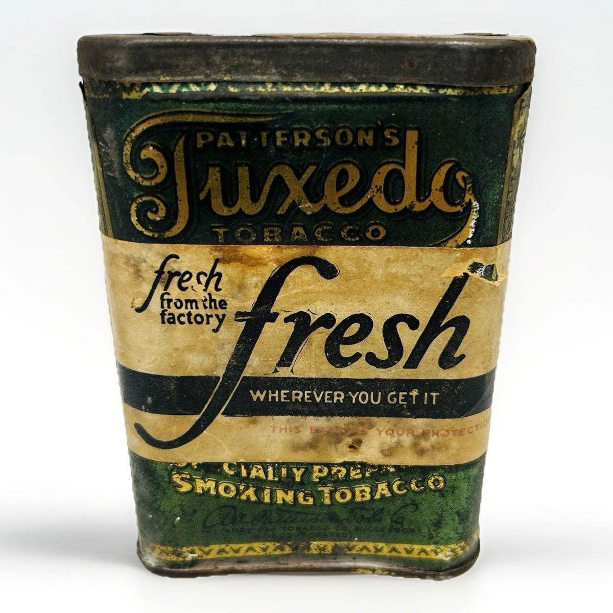 Antique PATTERSON'S TUXEDO Tobacco Tin EMPTY 1910 Tax Stamp Rare Green Gold 