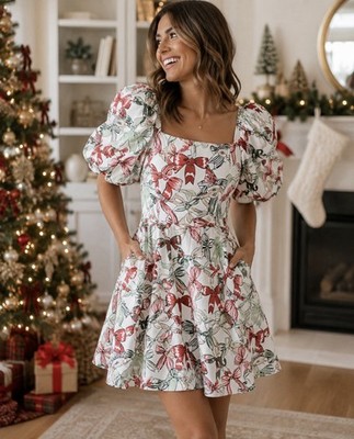 Crown & Ivy Sewing Down South Sew Merry Bow Print Puff Sleeve Mini Dress M