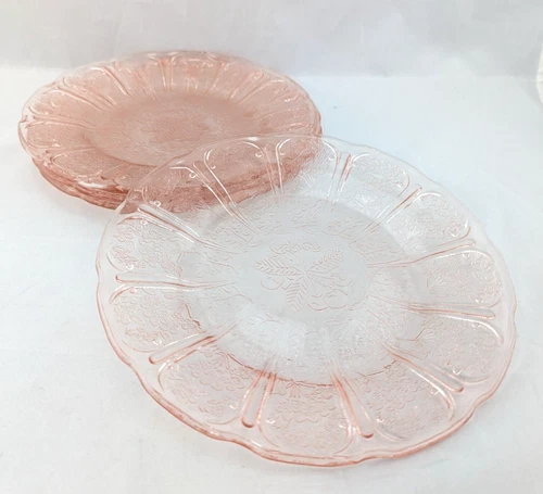 Vintage Pink Depression Glass Plates Set of 4 Fruit Floral Pattern 9 3/16 In