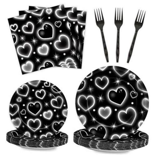 100 Teile 2000er Party Teller Servietten Gabeln Set schwarz Herz 2000er schwarz Herz