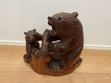 Wooden Bear & Cub Sculpture Hokkaido Obsidian Eyes 33cm Natural Finish Used