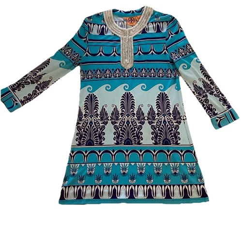 Abito midi Tory Burch Silk Waves Popover manica lunga colletto con perline bottoni S