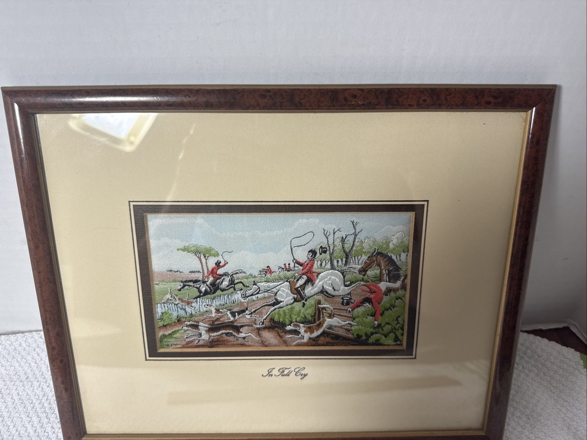  Hunting Scenes 小プレート　２枚セット Vintage J & J Cash Woven Silk, IN FULL CRY Fox Hunting Scenes
