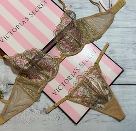 Victoria's Secret Showgirl Embroidery Unlined Demi Bra Garter Thong Set Gold