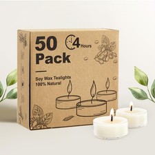 Unscented Soy Tea Lights Candles 50 Pack Bulk, 4 Hours Long Burning White Tea...