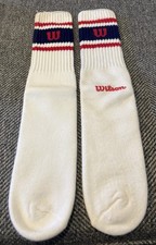 VTG Pair Of Wilson Over The Calf Tube Socks Red Blue Striped W Approx 18" Long
