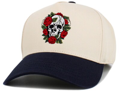 Skull & Rose Vintage 2 Tone Cream & Navy Adjustable Snapback Hat by KB Ethos