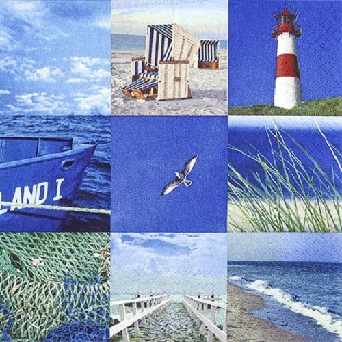 3 lose Servietten ~ Maritime Collage Leuchtturm Strandkorb Meer Möwe - Bild 1 von 1