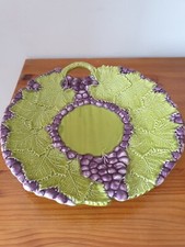 Belle coupe à fruits ancienne en barbotine vert et violet 32 cm