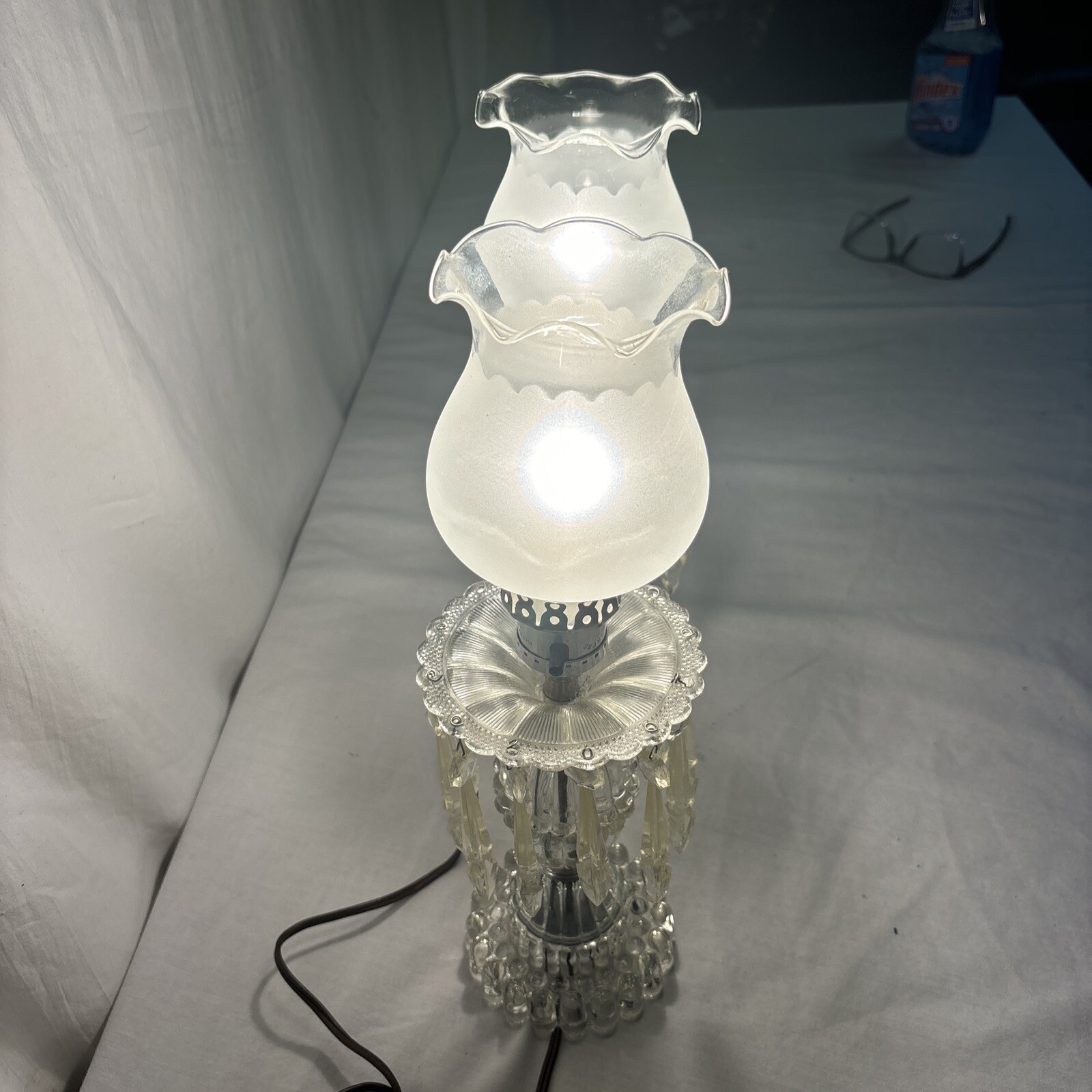 2 VTG MCM Hollywood Regency Boudoir Table Lamps Glass Metal Lucite Prisms A Pair