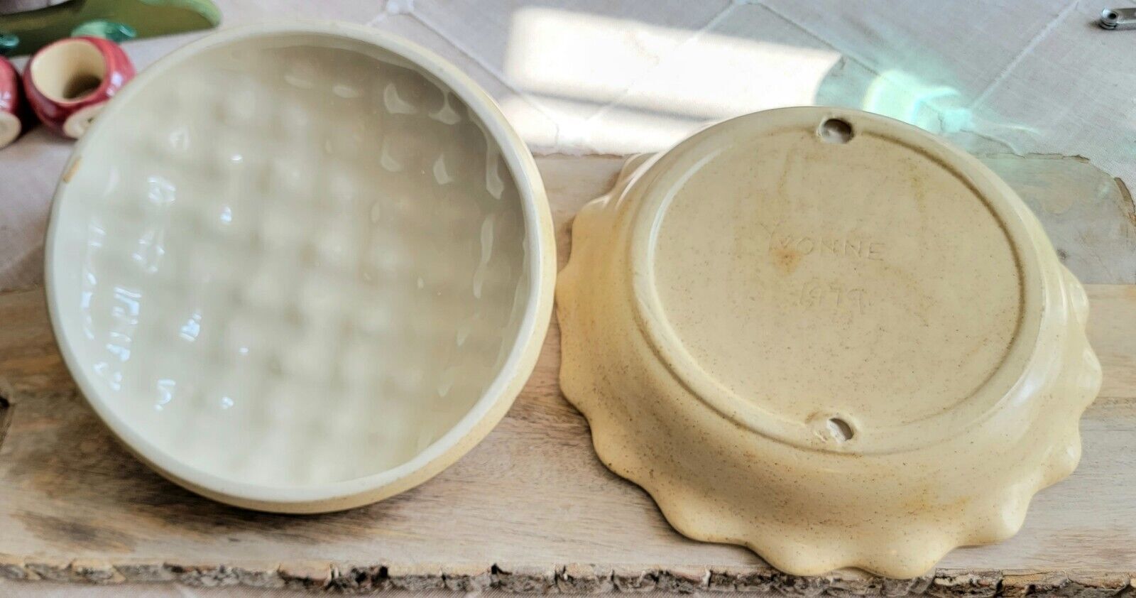 Vintage 1979 Pottery Pie Dish with Lid, Signed Cream Pie Plate, Kitchen