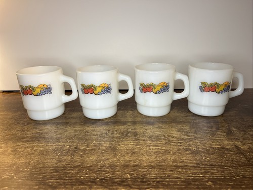 Vtg Fire King Set of 4 Fruit Milk Glass Mugs Anchor Hocking Natures Bounty MCM - Picture 4 of 8