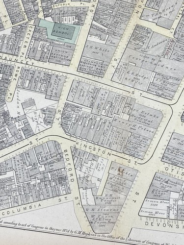 1874 Boston Karte ~ Boston & Globe Theater, Freimaurertempel, Innenstadtüberquerung!!! - Bild 9 von 22