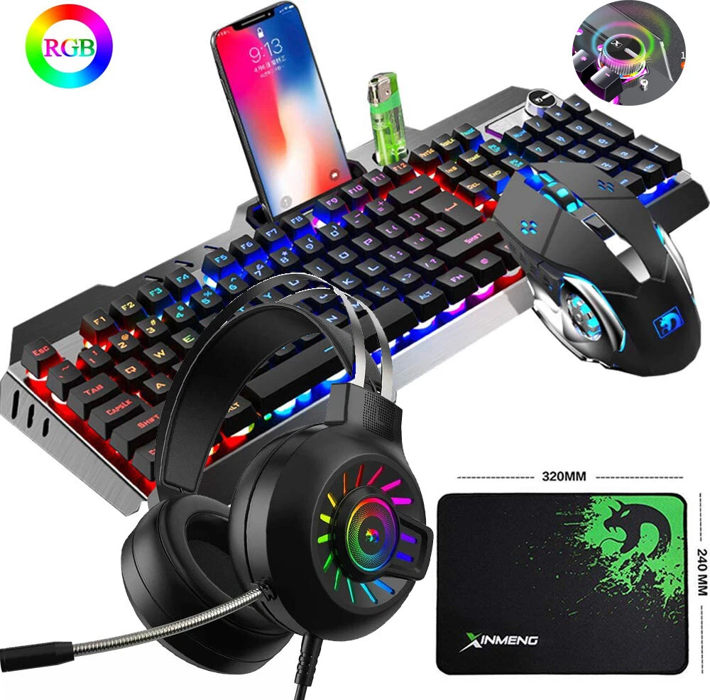 Wired RGB Backlit Gaming Keyboard and Mouse Gaming Headset Combo for PC Xbox PS4