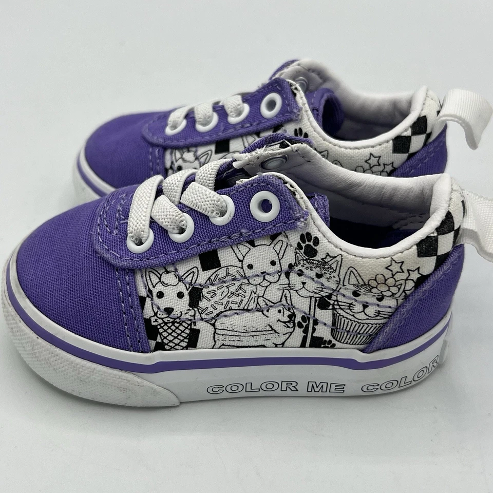 Vans Classic Slip On Color Me Baby Girls Sz 3 Purple Dogs Cats Shoes Sneakers - Image 3 of 4