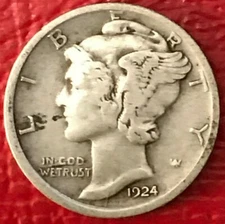VINTAGE VF CONDITION 1924 D MERCURY SILVER DIME-OLD US COIN-FEB517