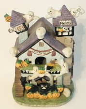 Vintage Haunted House Ceramic Halloween Village House 7.5  T Ghosts Skulls Bat