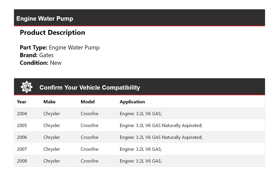 Puertas de bomba de agua para motor Chrysler Crossfire 2004-2008 2005 2006 2007 Foto 2 de 4