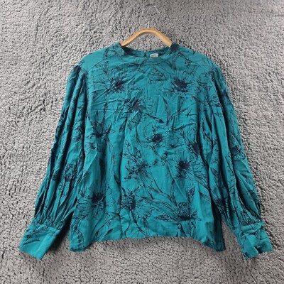 ANKO Womens Top Size 12 Green Navy Blue Floral 3/4 Sleeve Round Neck Blouse