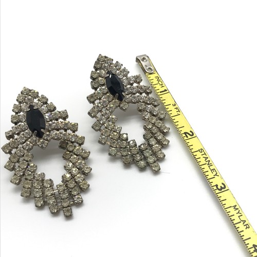 Vintage Large Oversized Clear Black Rhinestone Statement Runway Earrings - Picture 3 of 6