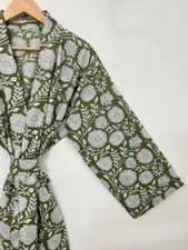 Olive Floral Block Print Indian Handmade Cotton Robe Kimono Dressing Gown Robe