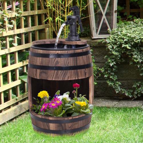 Fontaine à eau patio tonneau en bois avec pompe électrique et décoration planteur de fleurs - Photo 1/10