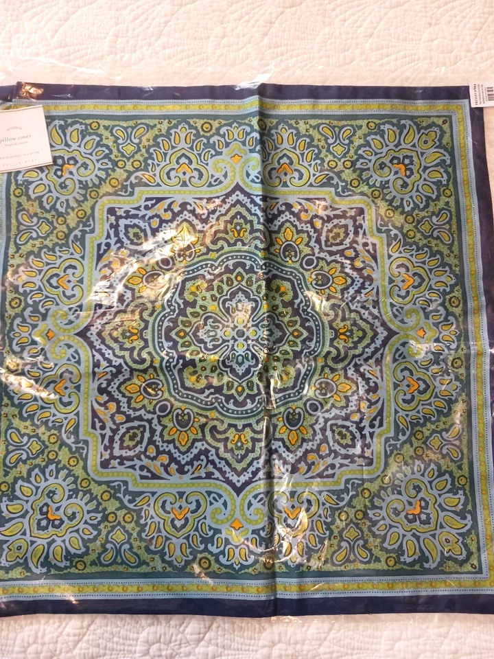 Funda de almohada Pottery Barn Accents seda-algodón azul verde estampado de bloques cachemira 18" Foto 2 de 4