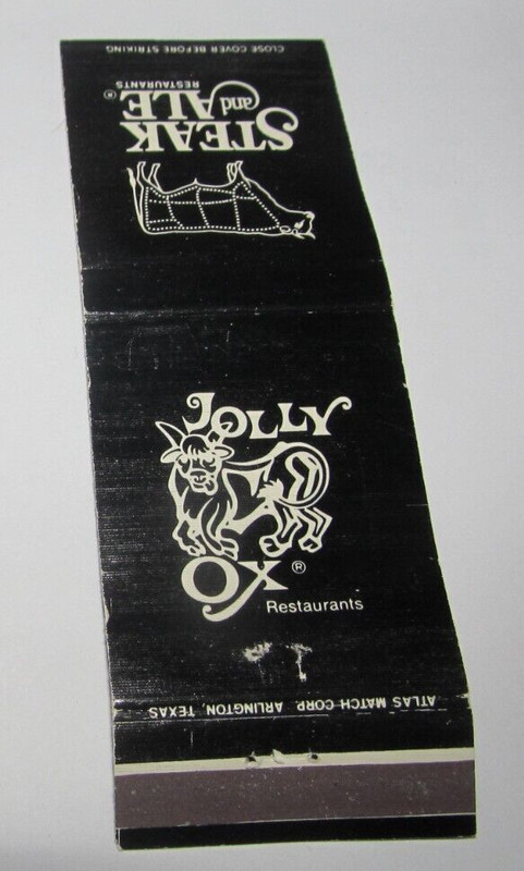 Matches Matchbook Cover 1972 Jolly Ox Steak and Ale Restaurants of America