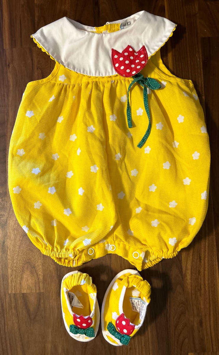 Vintage Baby Girls Bubble Romper Yellow One-Piece Tulip Stars Crib