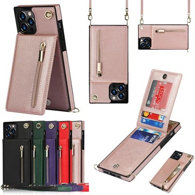 For iPhone 17 16 Pro Max 15 13 12 11 Zipper Wallet Leather Crossbody Strap Case