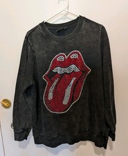Rolling Stones Sweatshirt Womens XL Black Crew Neck Rhinestone Tongue