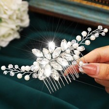 Silver Crystal Bride Wedding Hair Comb Pearl Rhinestones Bridal Accessories
