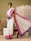White Purple Pure Cotton Saree with Zari Work Blouse Piece | Traditional
