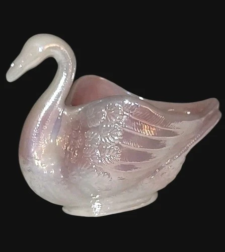 VINTAGE FENTON PINK SWAN GLASS IRIDESCENT FIGURINE TRINKET DISH