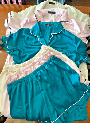 Lot Of 3 Satin Woman s Lillusory Pajama Sets Size XL Pink Ivory Blue S/S/Shorts