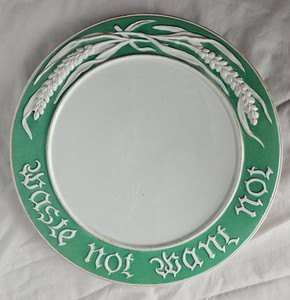 TALERZ COPELAND ARTS & CRAFT „WASTE NOT WANT NOT”, OKOŁO 1870 ROKU GOTYCKI SKRYPT