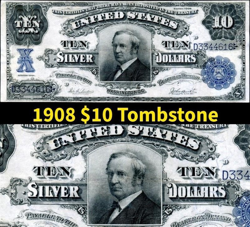 HGR SUNDAY 1908 $10 Silver Cert ((RARE Tombstone BLUE)) VERY LIGHTLY CIRCULATED
