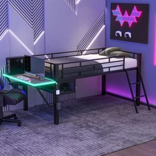 Twin Full Size Metal Gaming Loft Bed with LED Desk for Kids Bedroom Bed Frame