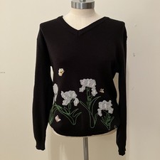 VTG Women  s Sz. M Black V-neck Embroidered Flower Butterfly Cottagecore Fairy 90