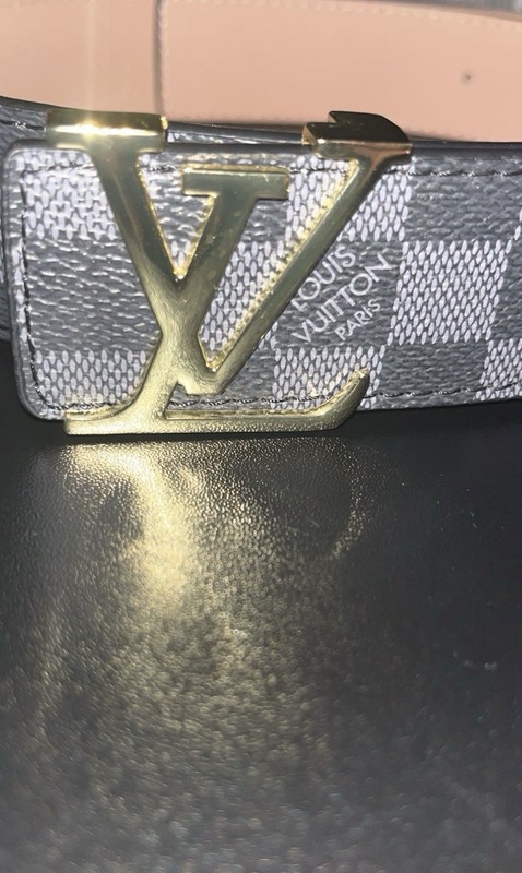 Louis Vuitton Women’s Dress Belt Check Pattern Gray/Black Gold-Plated LV Buckle