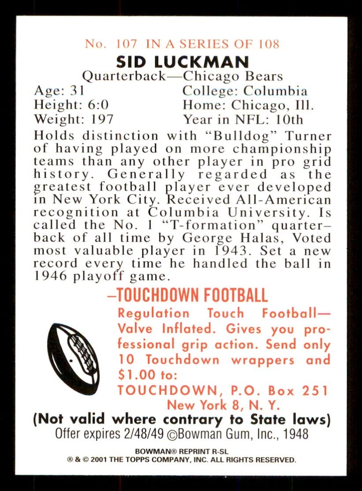 2001 Bowman Rookie Reprints #RSL Sid Luckman - Image 2 of 2