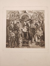MADONNA IN TRONO CON BAMBINO TRA SANTI E ANGELI ANTICA STAMPA