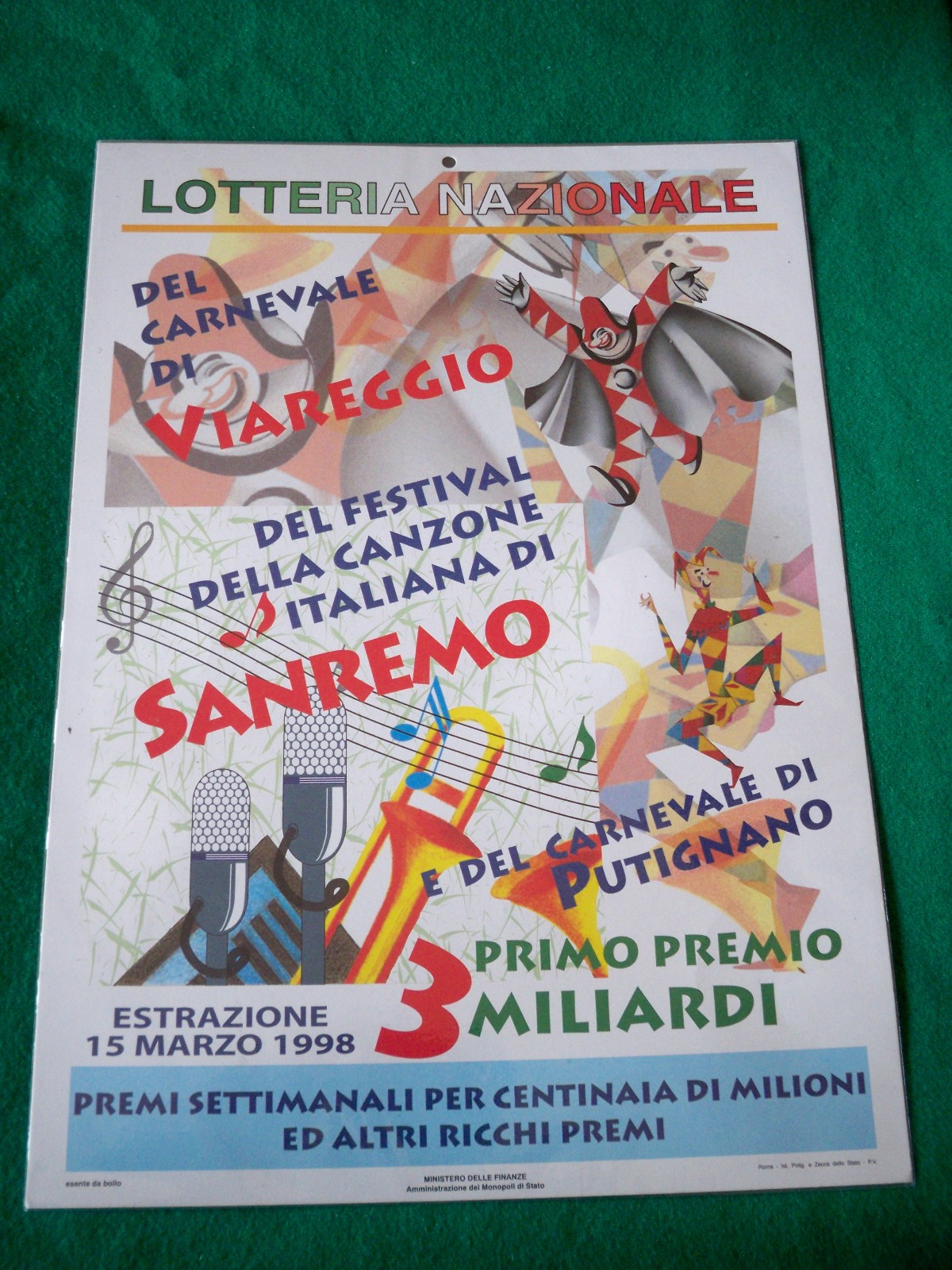 LOCANDINA LOTTERIA NAZIONALE SANREMO CARNEVALE PUTIGNANO ESTRAZIONE 15 MARZO 98