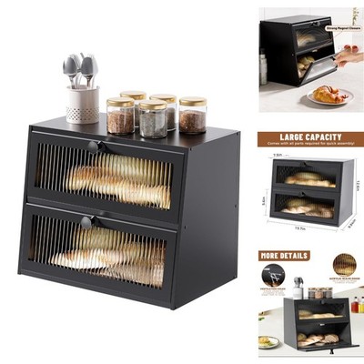 Double Layer Bamboo Bread Box Large Wooden Kitchen Countertop Storage Food Bin