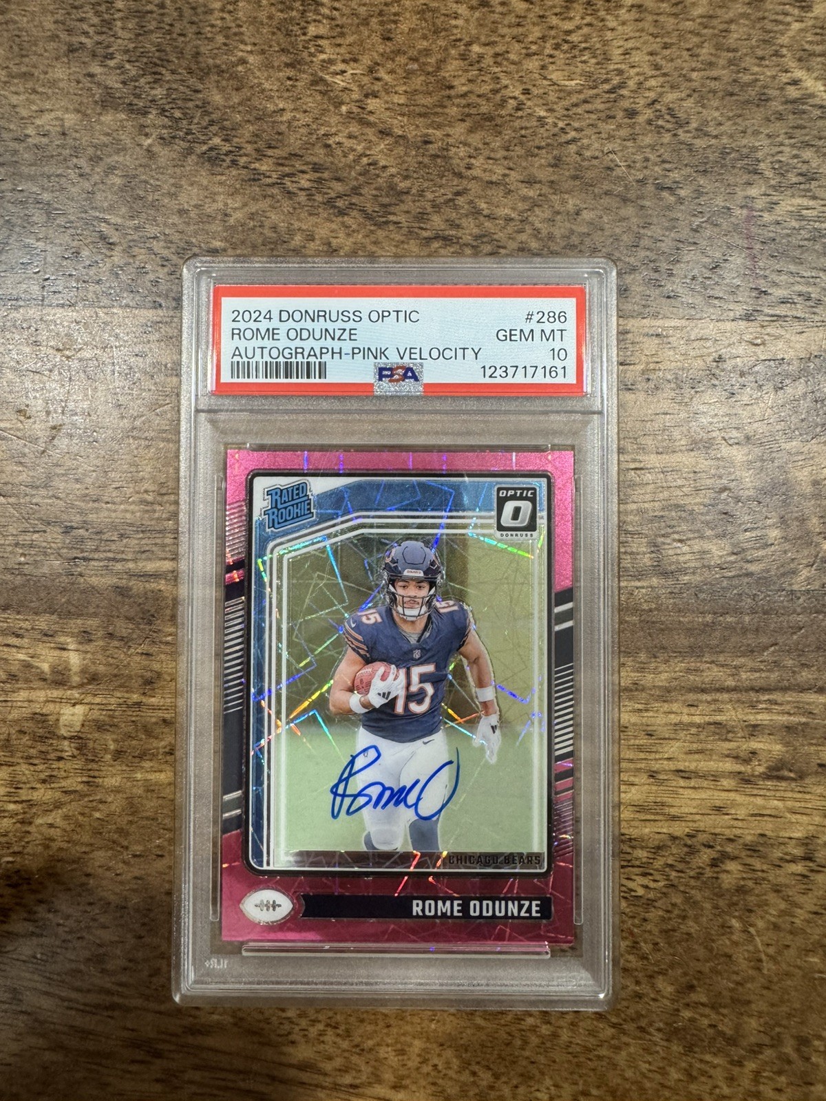 2024 Panini Optic Rome Odunze (RC) On Card Auto /50 Pink Velocity #286 PSA 10