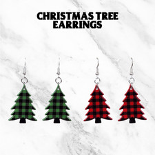 Buffalo Plaid Christmas Tree Earrings, Cute, Unique, Dangle Christmas Earrings