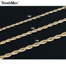 Gold Plated Stainless Steel Rope Chain Necklace 3/5/7mm 16-30" Choker Men Women