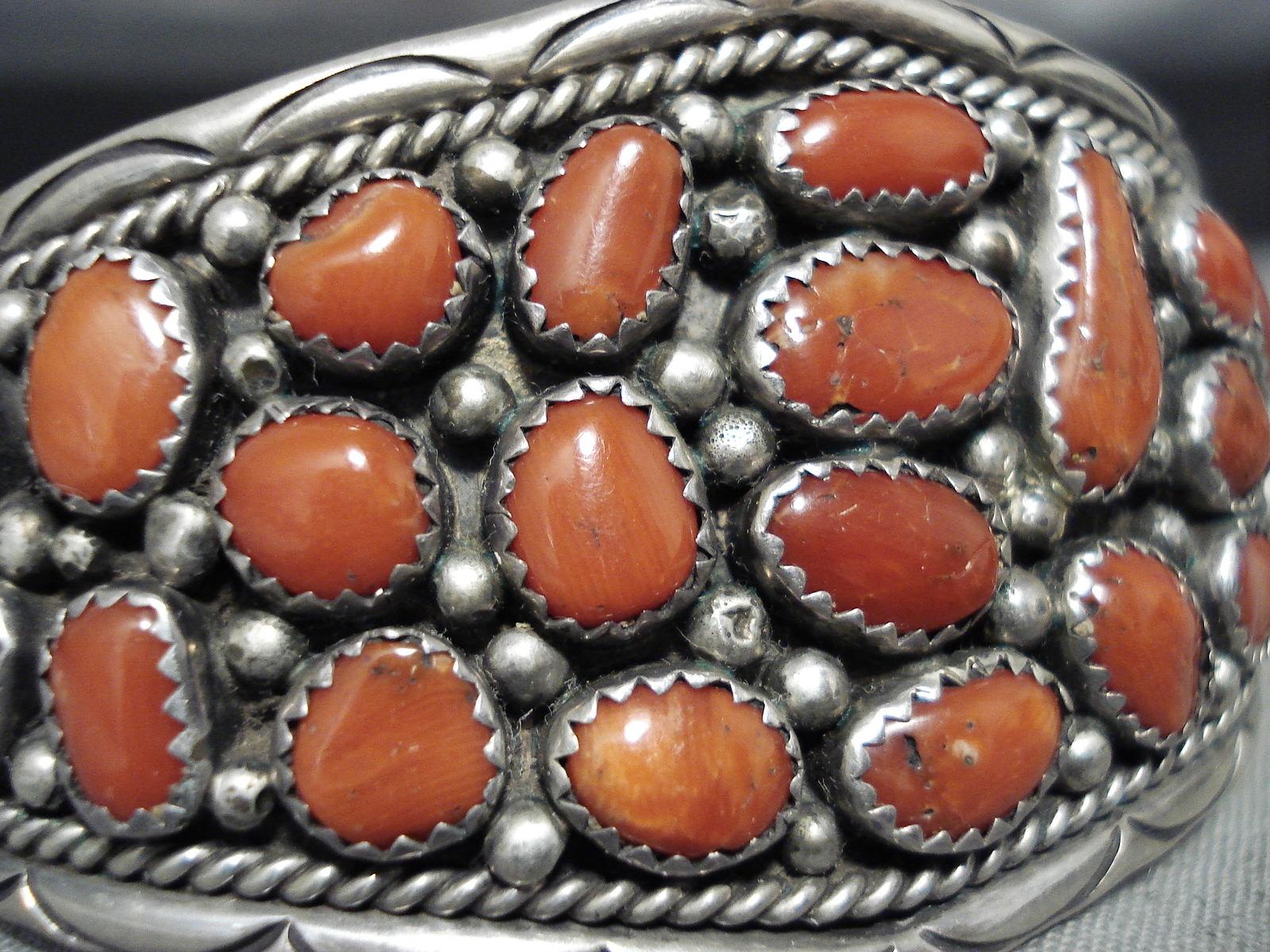 HUGE CHUNKY CORAL VINTAGE NAVAJO STERLING SILVER BRAC… - Gem